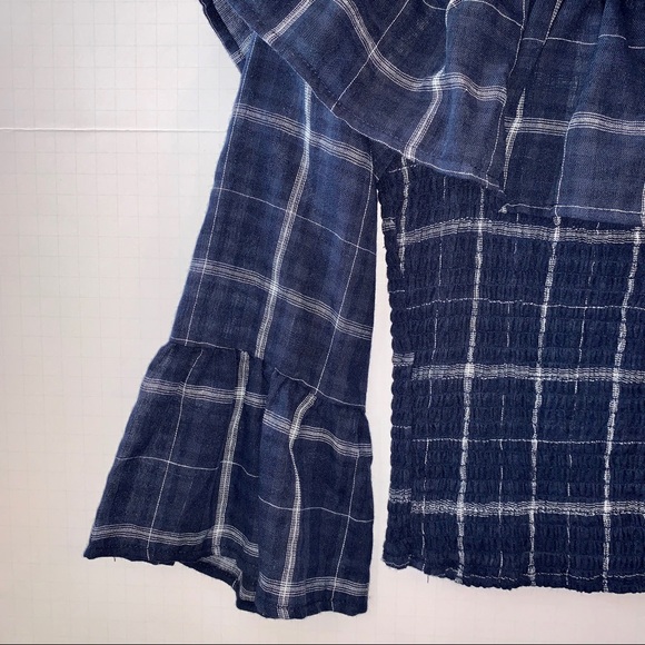 Altar’d State Linen Blue & White Plaid Top W/Bell Sleeves - Picture 3 of 7